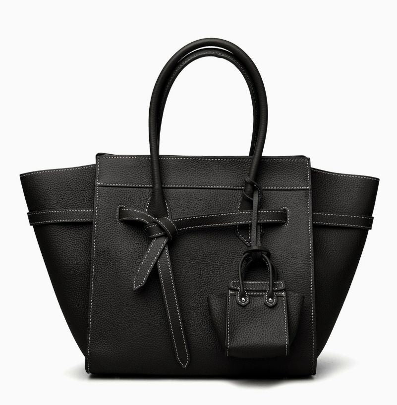 Black raffia woven tote bag with removable raffia sunglasses case on long chain