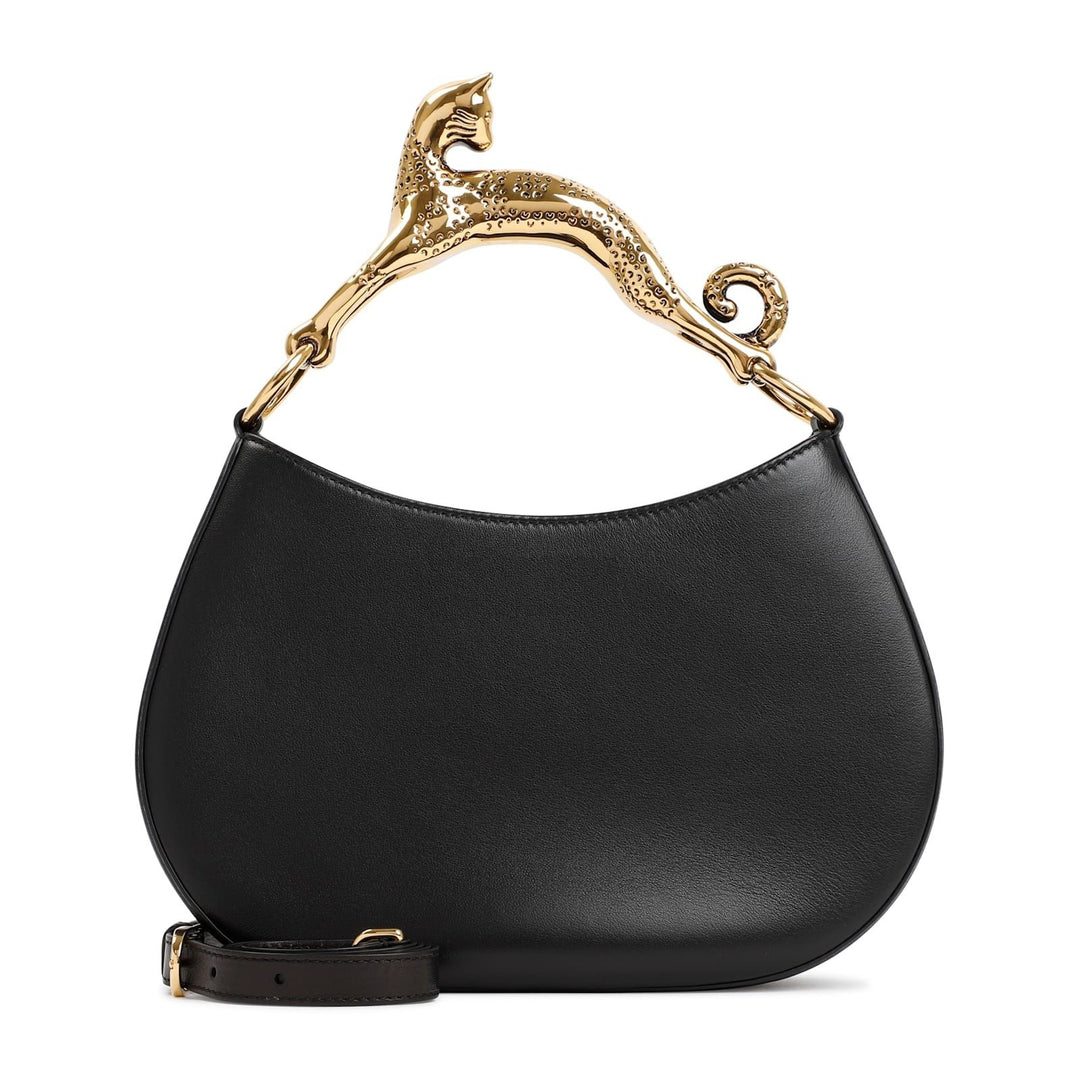 Sculptural Cat Handle Hobo Bag - Genuine Lamb Leather Luxury Handbag