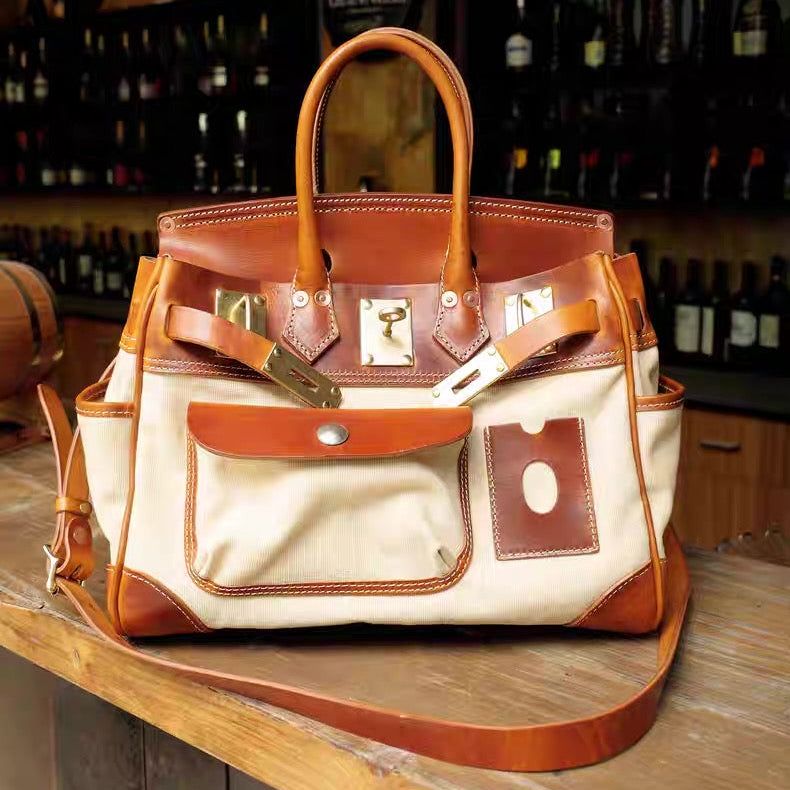 Handcrafted canvas and leather holdall bag