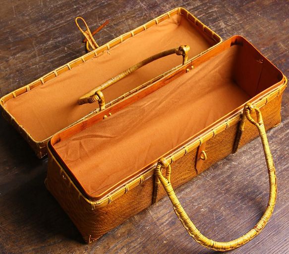 Handmade bamboo tote bag side view showing structured rectangular box shape