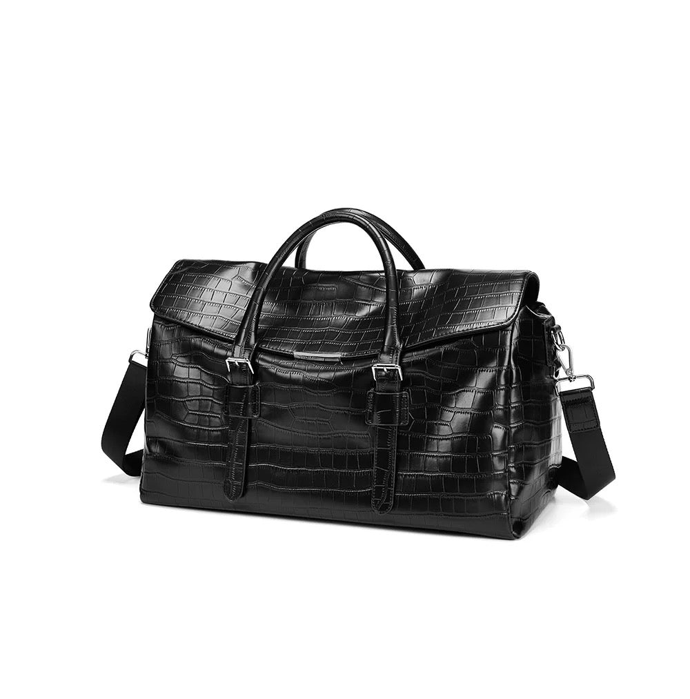 Leather duffel bag back view