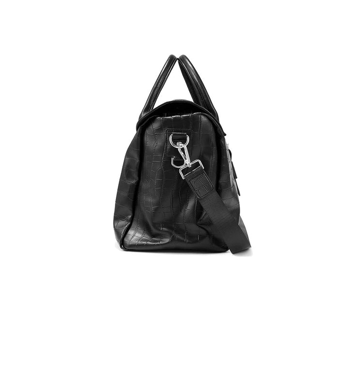 Large black croc leather overnight duffel bag