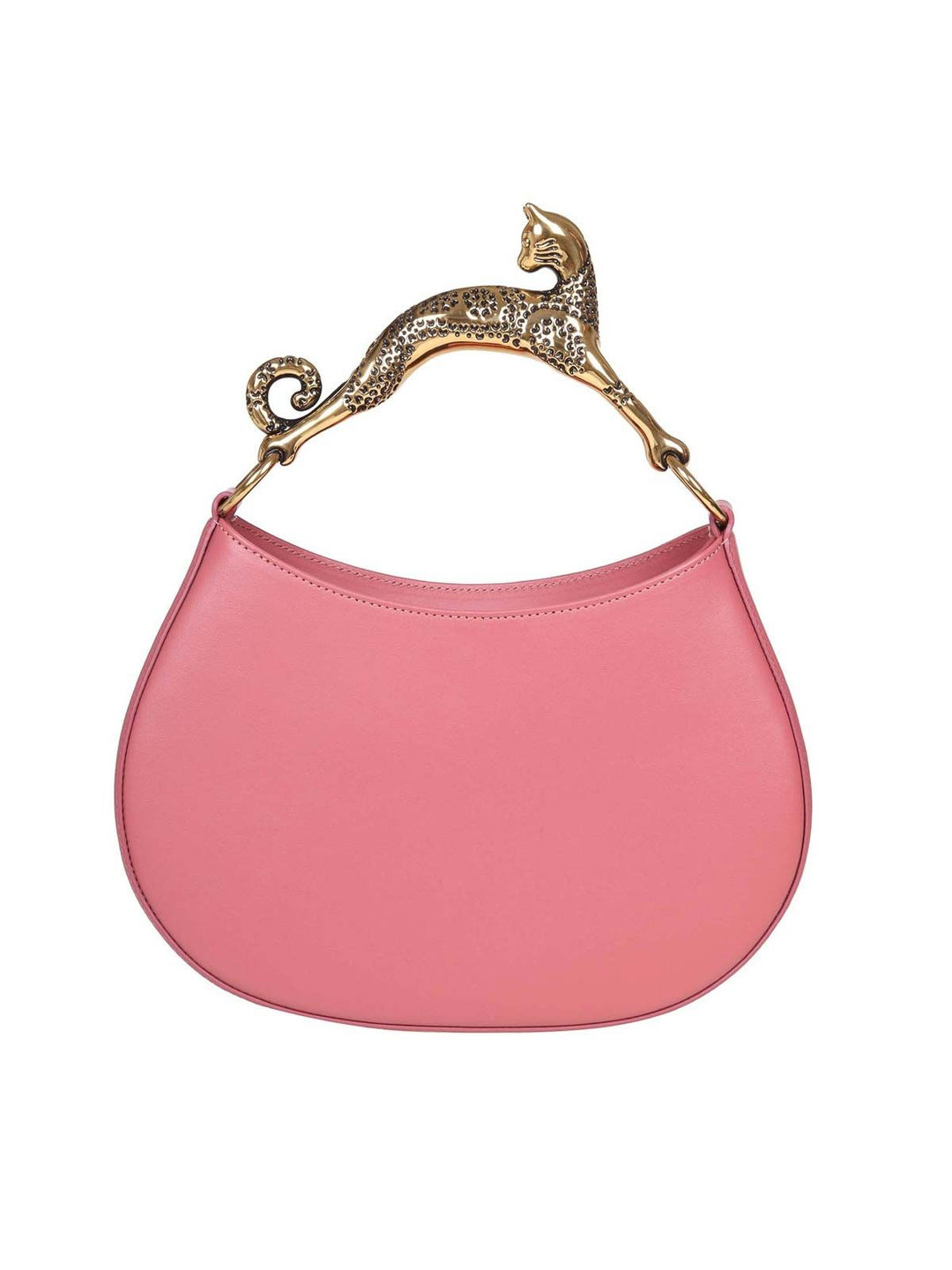 Pink handbag with a decorative gold handle on a white background