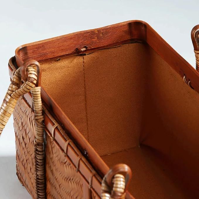 Woven bamboo basket handbag top view open showing soft lined interior