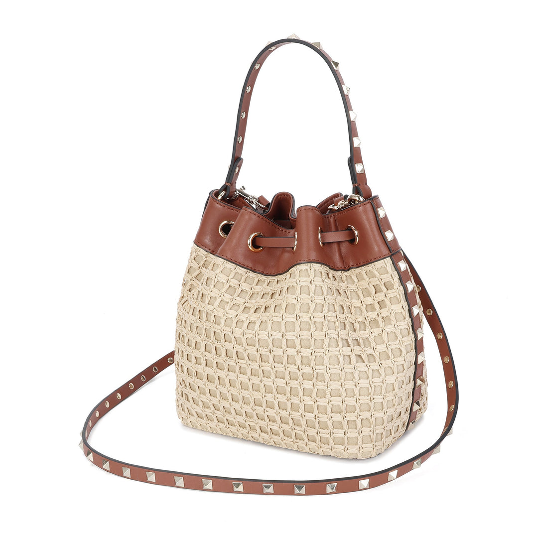Natural raffia bucket bag with studded leather strap