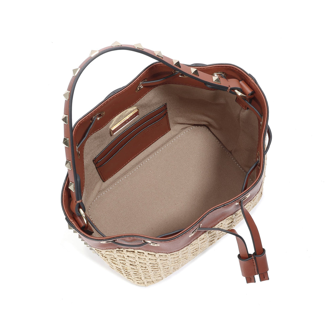Raffia drawstring bag with gold stud accents