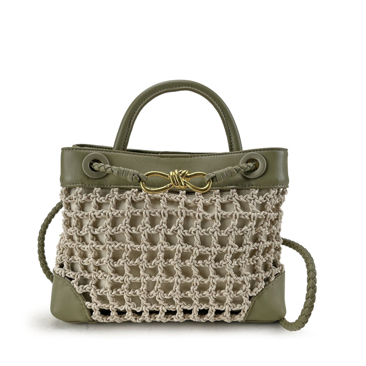 Handcrafted rope net bag with blue leather frame