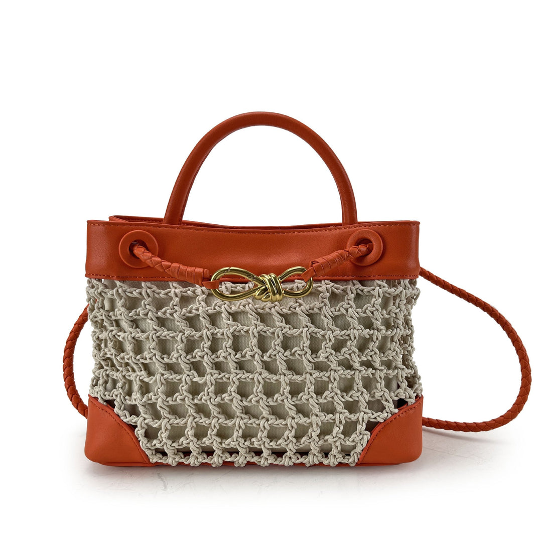 Artisan woven net handbag with gold knot detail