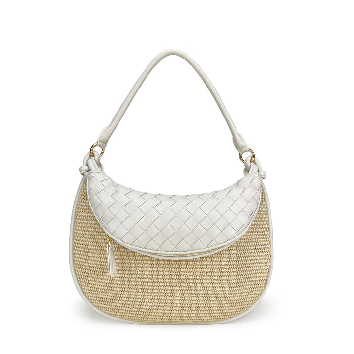 Black and natural straw shoulder bag with zip