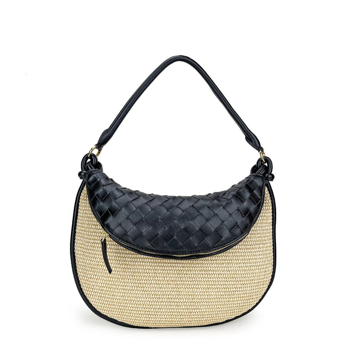 Handbag with black woven top section and beige bottom section on a white background