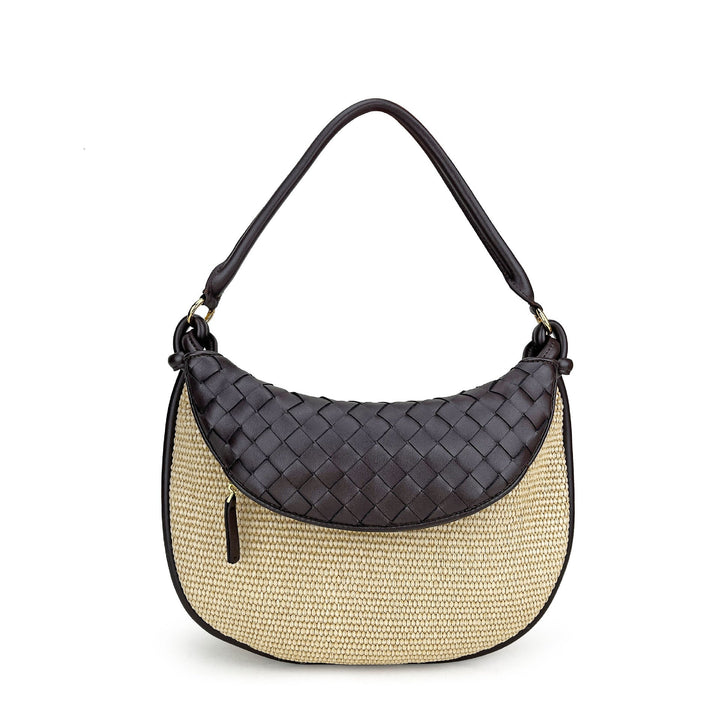 Natural straw crescent bag with black leather flap