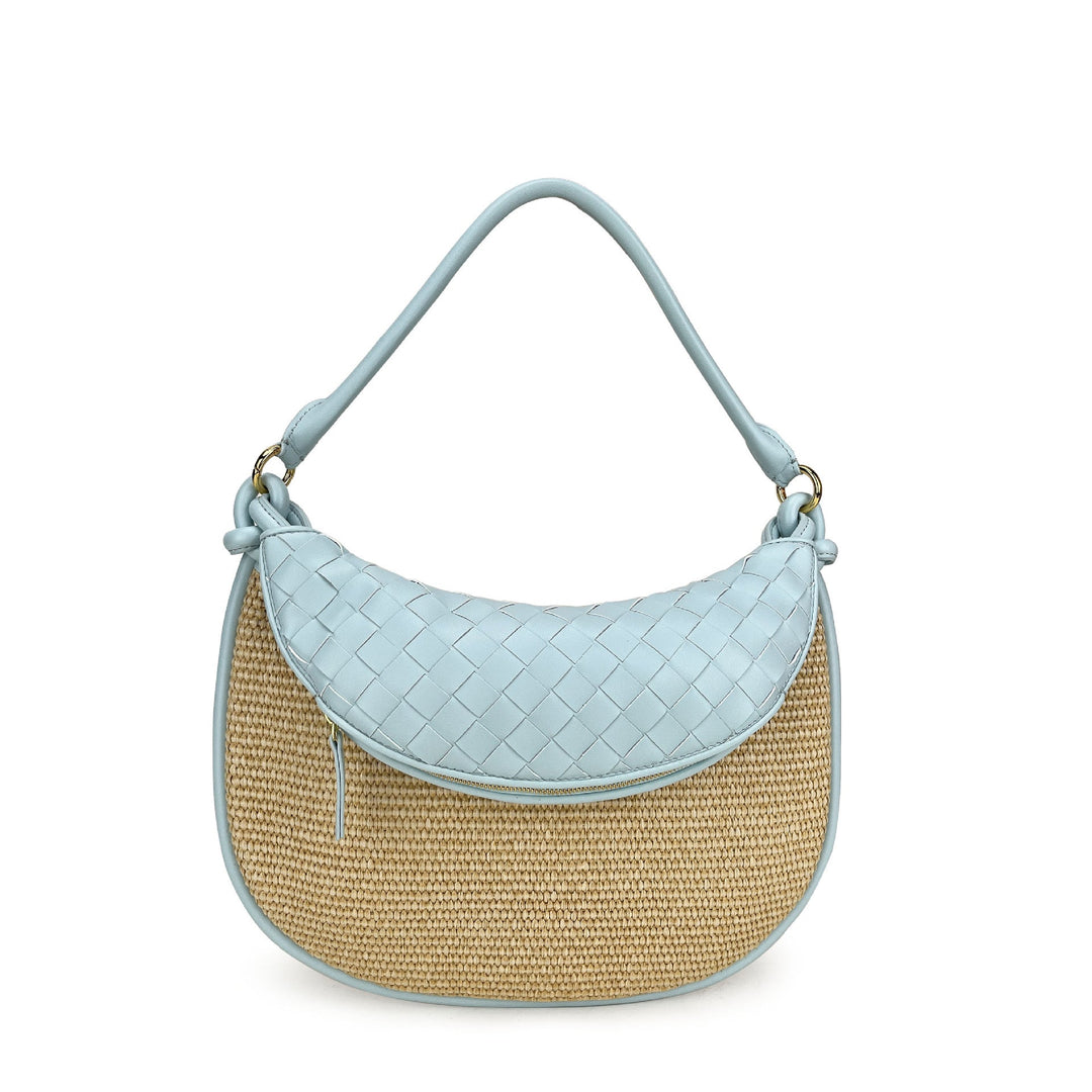 Woven raffia hobo bag with black leather trim