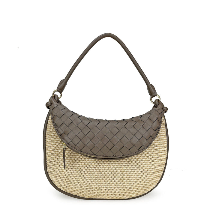 Summer straw bag with woven black leather top