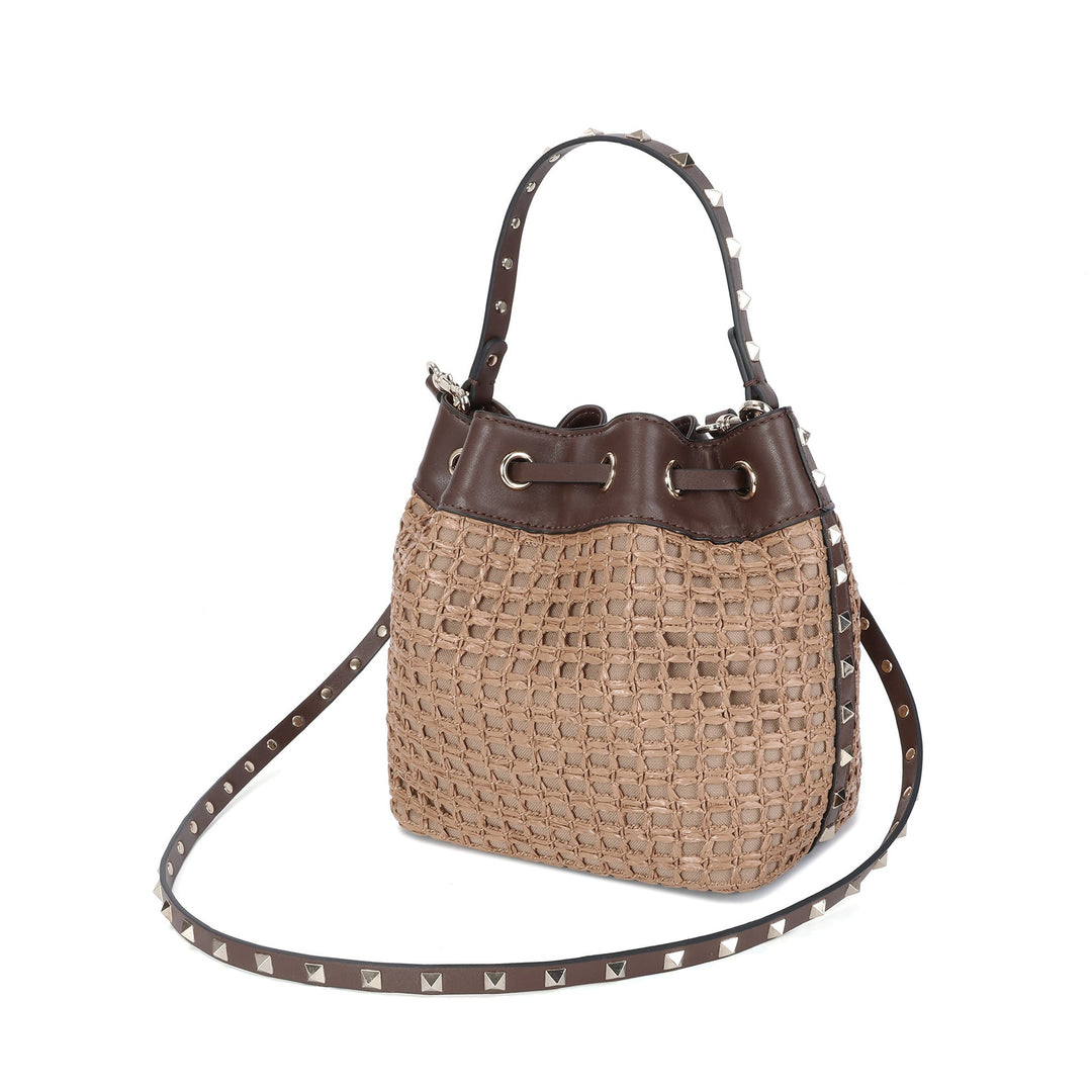 Summer bucket bag in natural raffia and leather