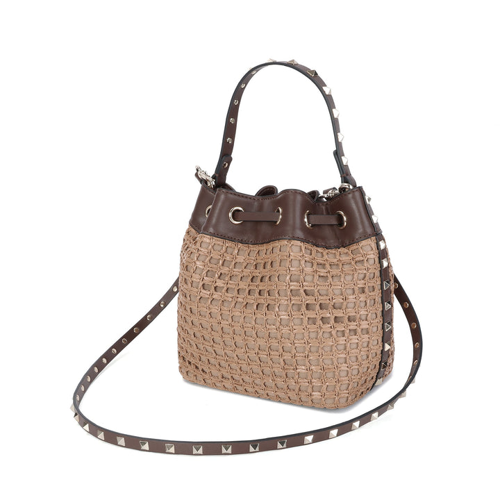 Summer bucket bag in natural raffia and leather