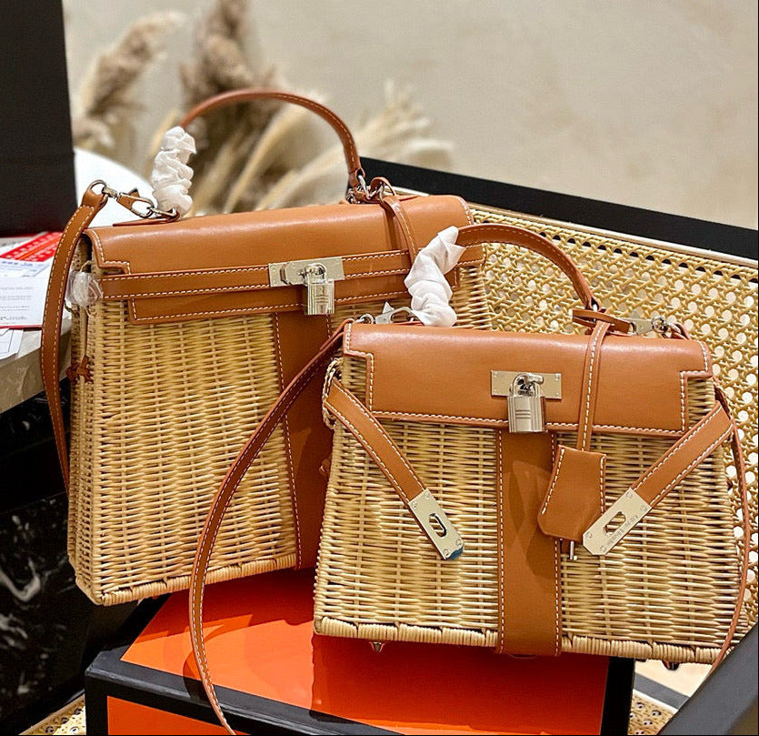 Two brown handbags with wicker accents on a table.