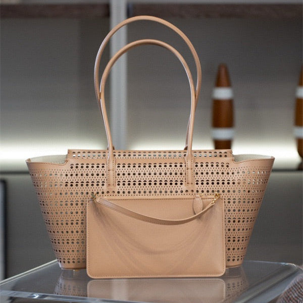 Designer inspired perforated black leather bag