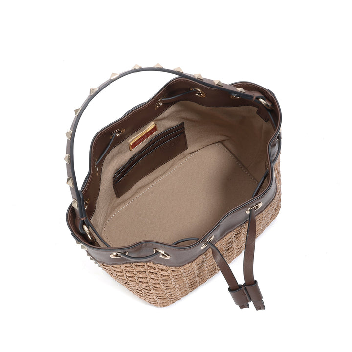 Woven straw bucket bag with brown leather crossbody