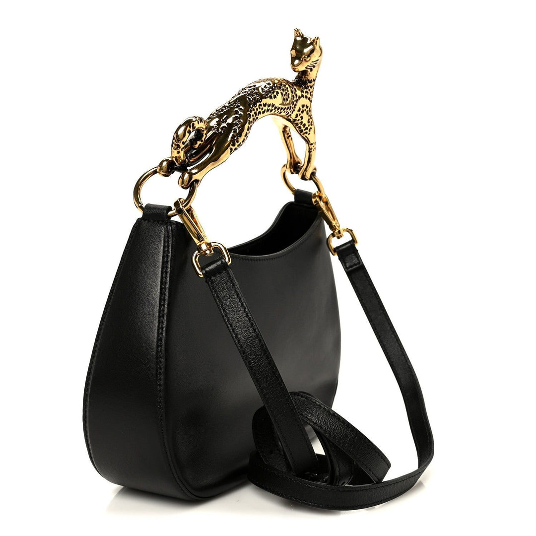 Luxury smooth lamb leather bag with bold gold animal hardware top handle