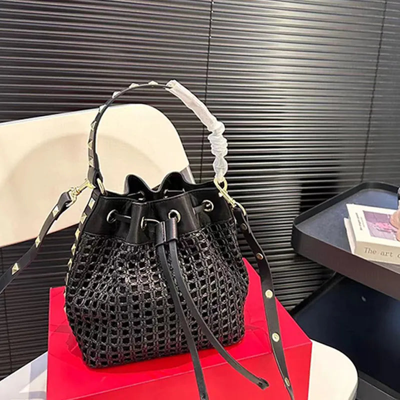 Small woven raffia bucket bag for summer outings
