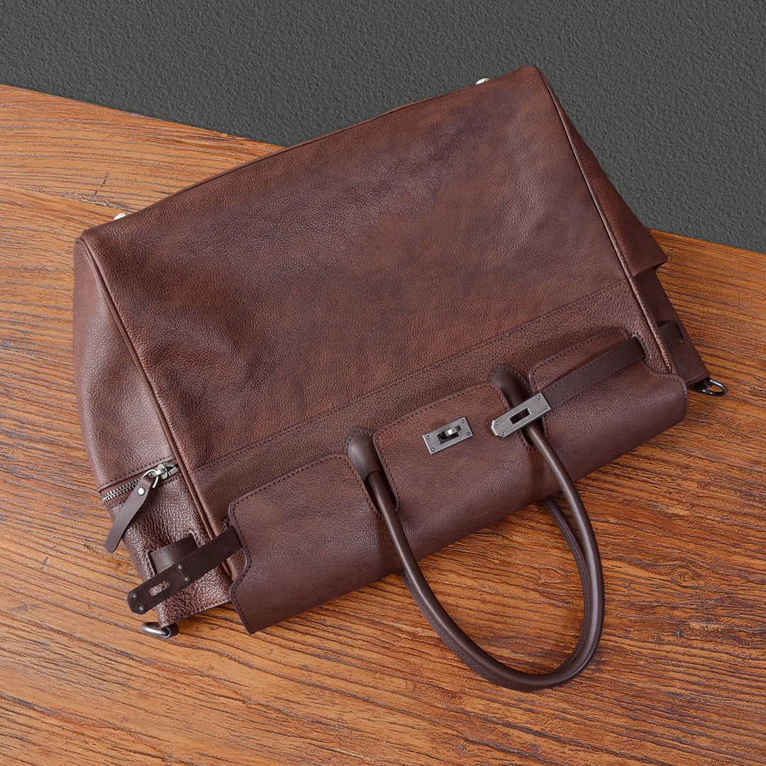 Black &amp; Brown pebbled leather artisan work bag with silver hardware