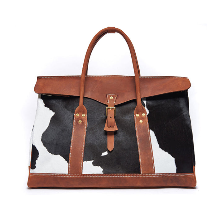 Cowhide tote bag side view