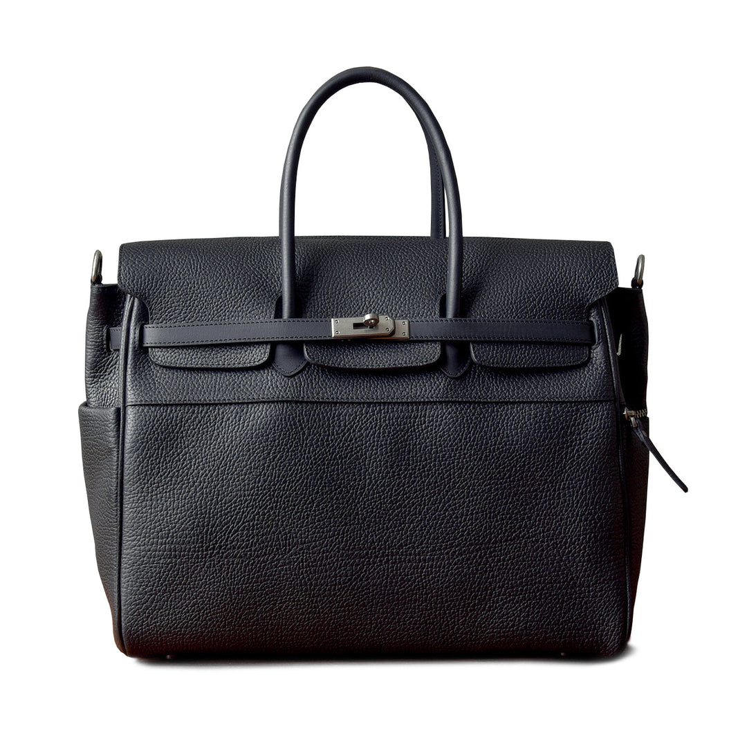 Large black pebbled leather work tote with lock
