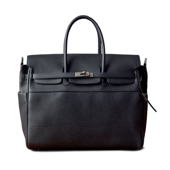 Large black pebbled leather work tote with lock