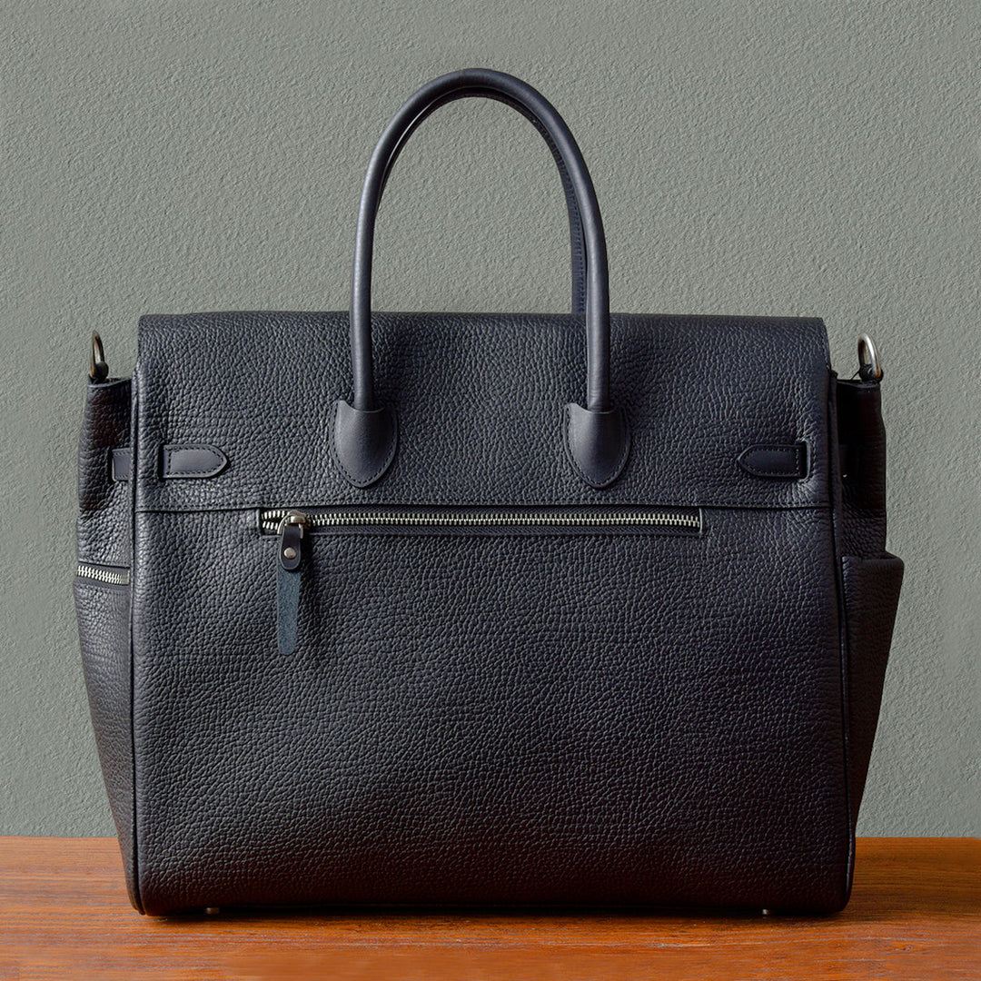 Luxury black leather tote for work and travel