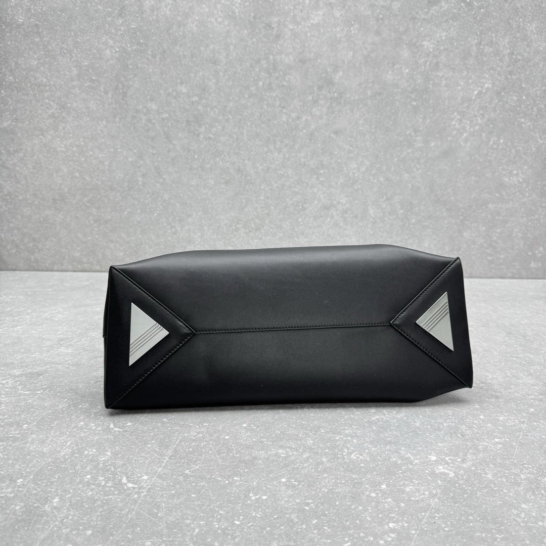 Black smooth leather tote with silver hardware