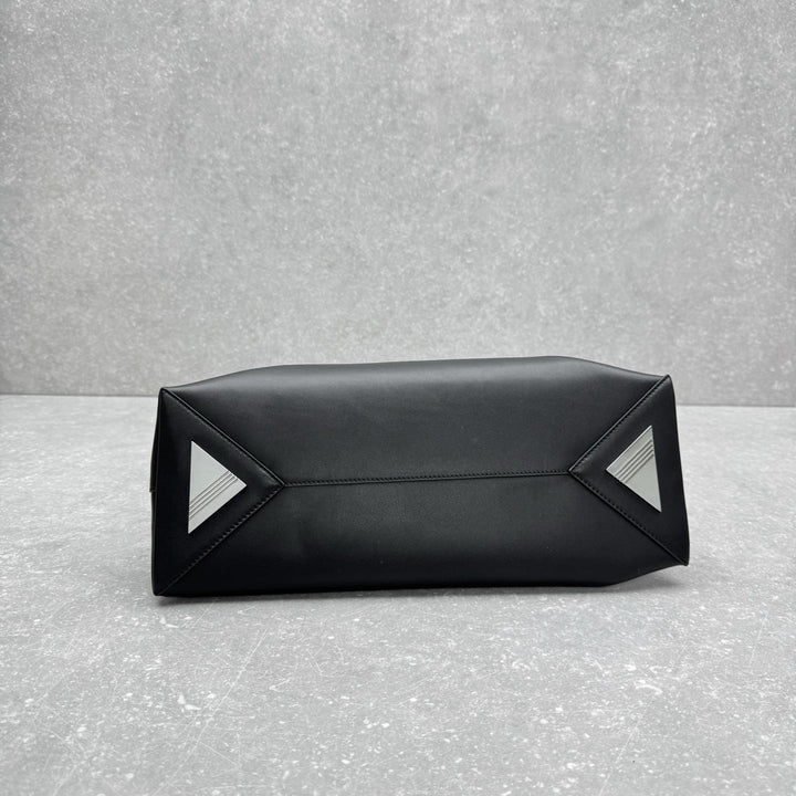 Black smooth leather tote with silver hardware