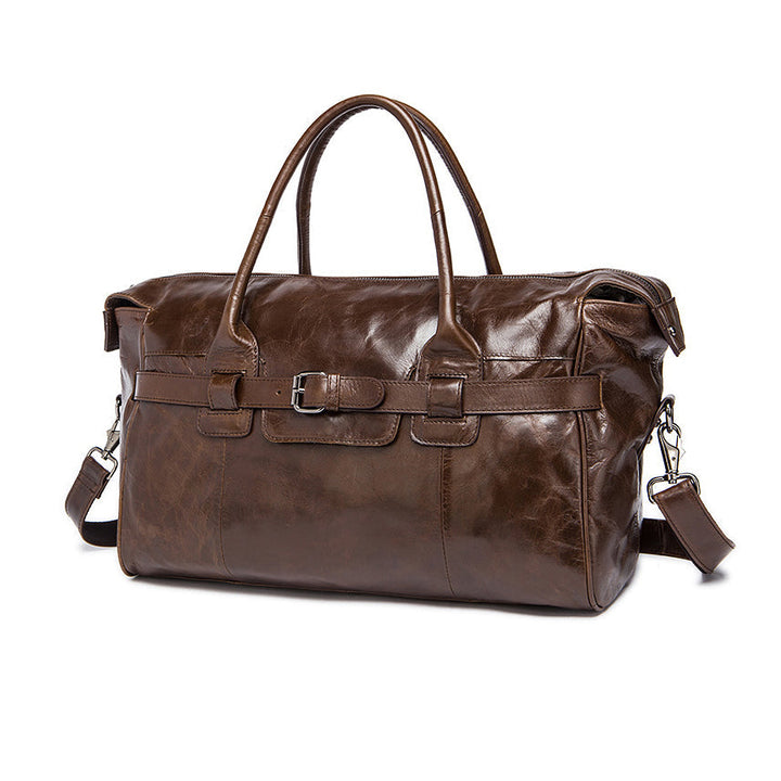 Leather duffel buckle detail