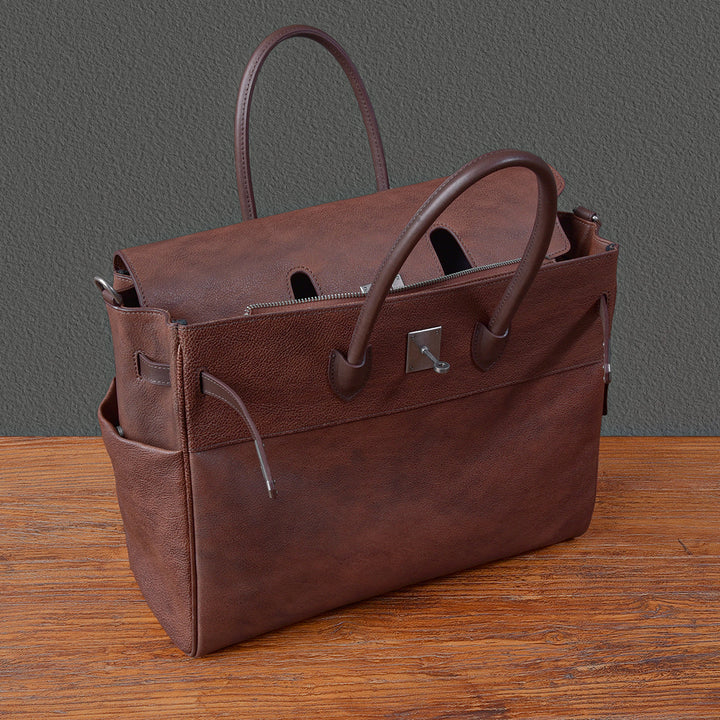 Spacious black leather office bag with strap