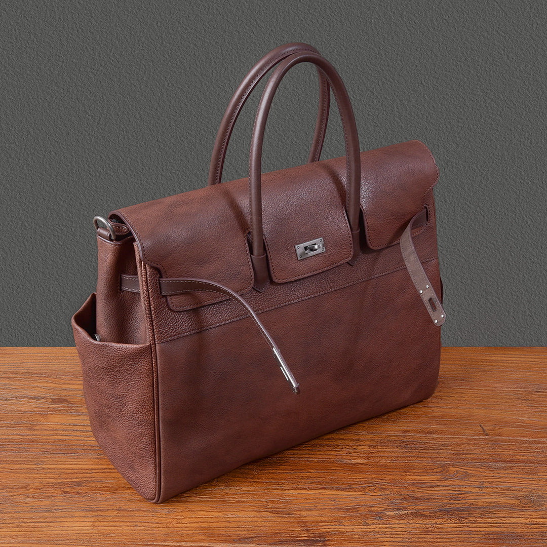 Black &amp; Brown pebbled leather artisan work bag with silver hardware and shoulder strap