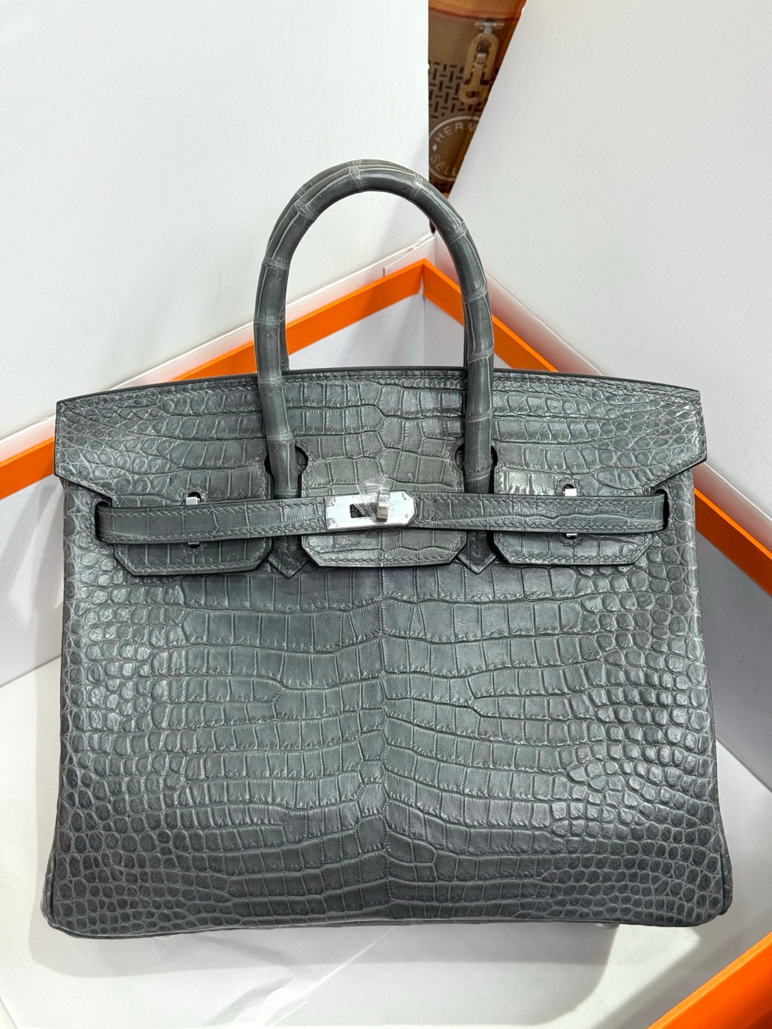 Gray crocodile skin handbag with silver hardware on a white background