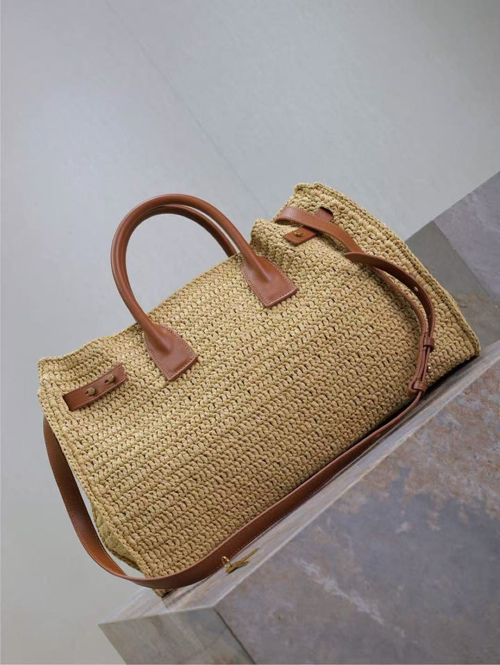 Large woven raffia travel bag with crossbody strap