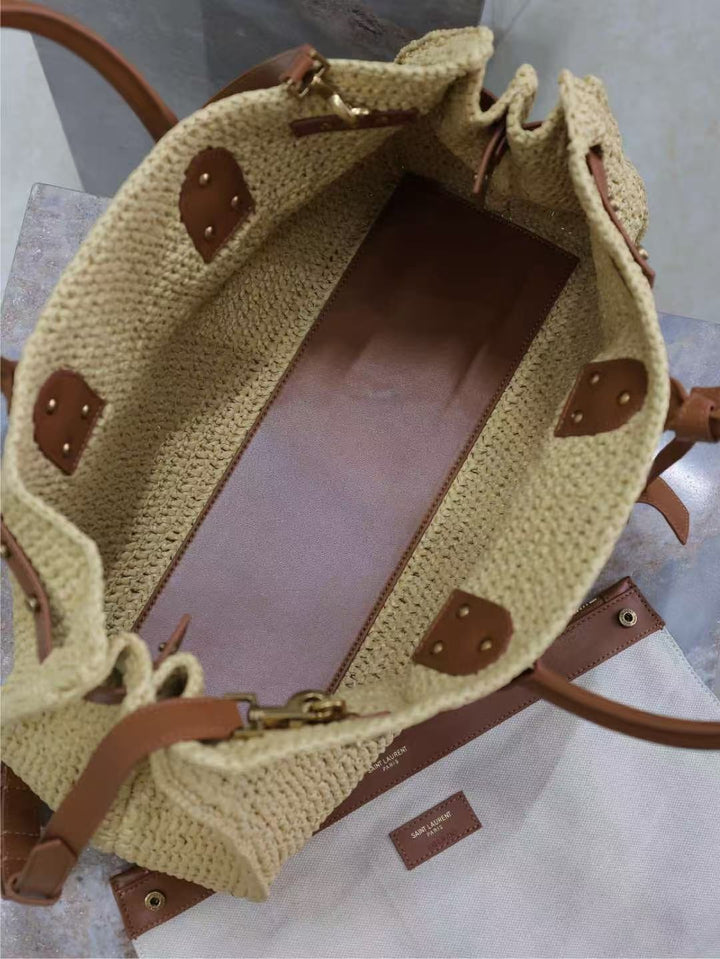 Natural raffia weekender with tan leather studs