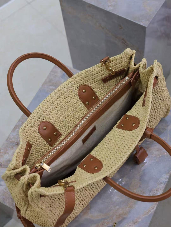 Spacious natural straw weekender bag for travel