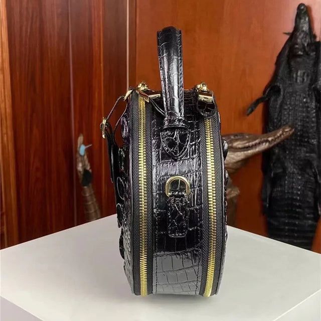 Round crocodile leather women bag with leather lining and gold tone hardware