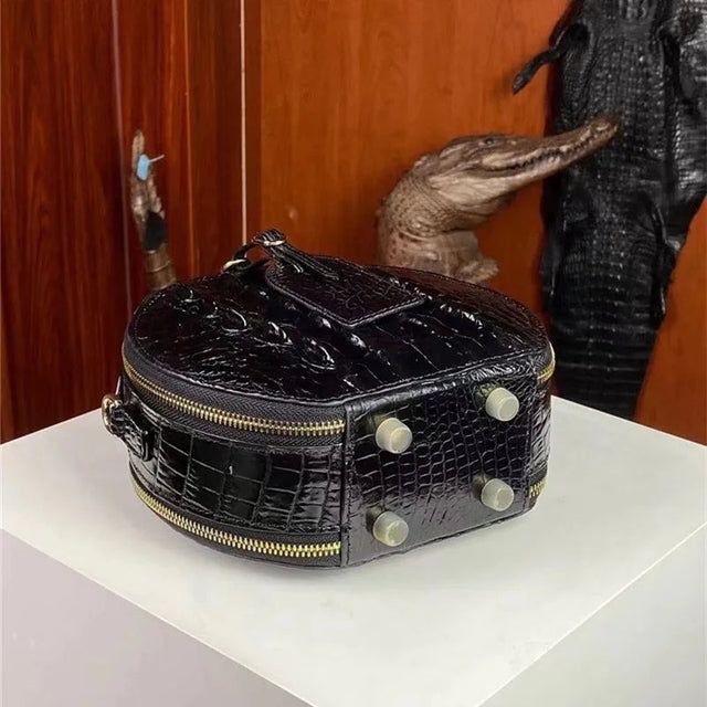 Namrico black genuine crocodile round crossbody bag with orange gift box