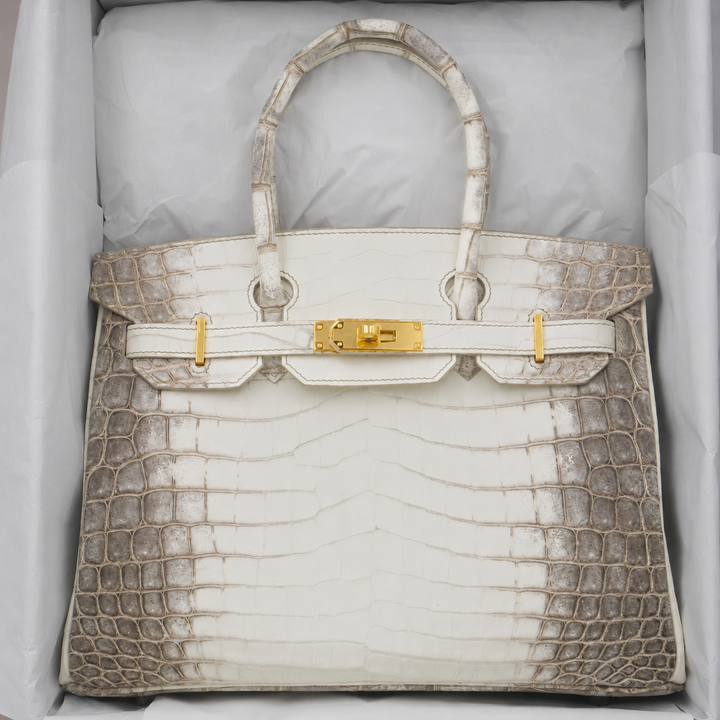 Luxury handbag with crocodile skin pattern and gold hardware on a light gray background