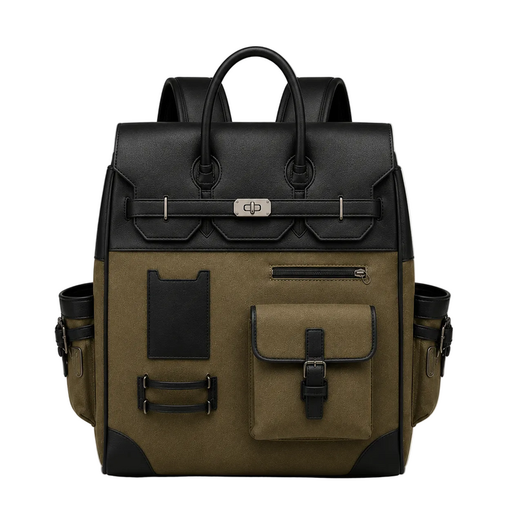 Black and brown backpack with a visible brand logo on a white background