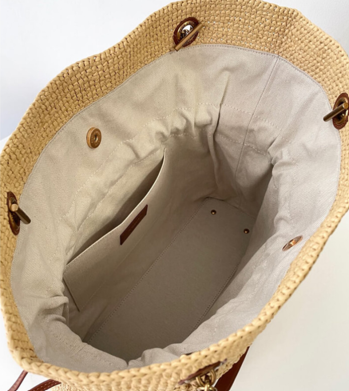 Boho woven raffia tote with leather drawstring