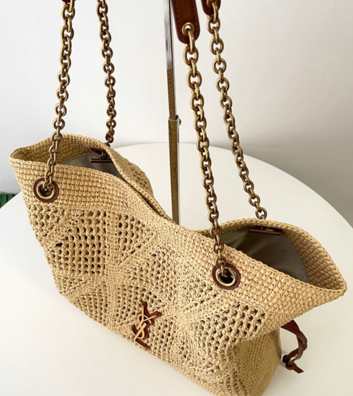 Open weave raffia bag with gold chain handles