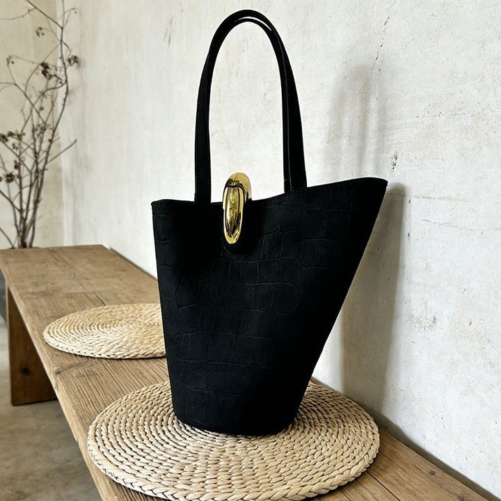 Croc embossed suede tote bucket bag with removable crossbody strap in dark brown