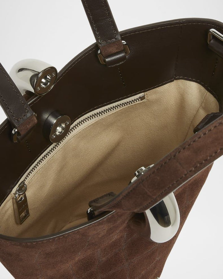 Luxury crocodile suede bucket bag with interior zip pocket and cotton lining