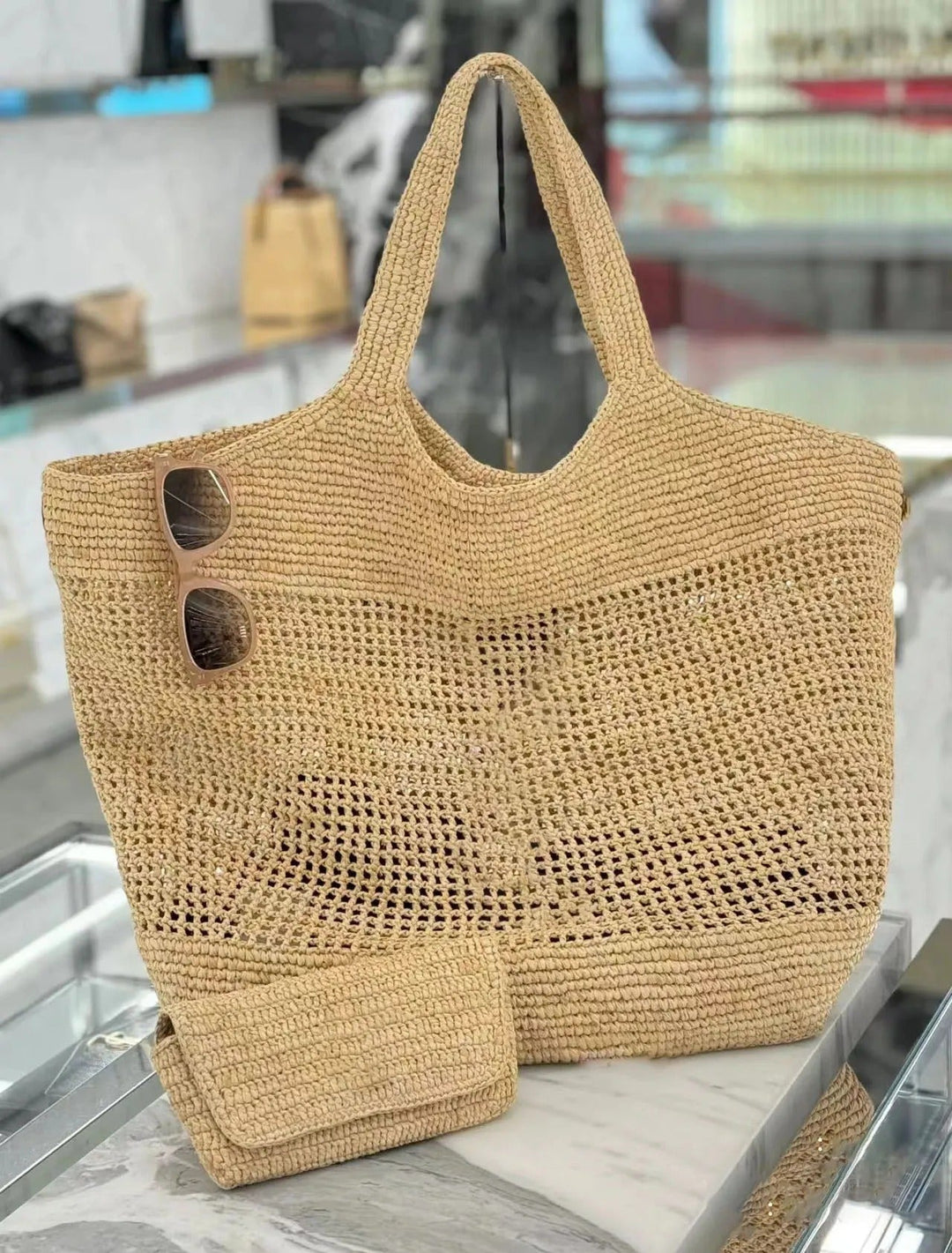 Oversized raffia bag back view