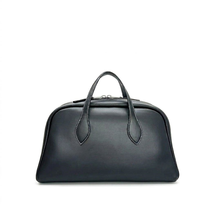 Black leather handbag on a white background