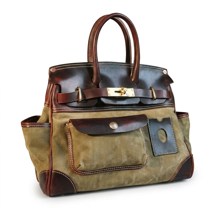 Vintage style canvas travel bag with brown leather