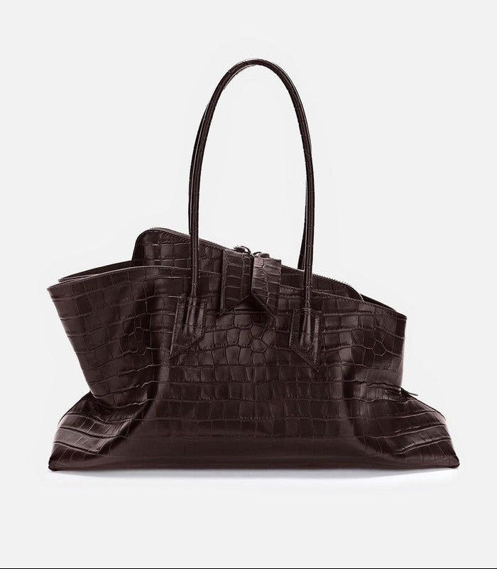 100% calf leather croc print tote bag with zip closure and interior pocket